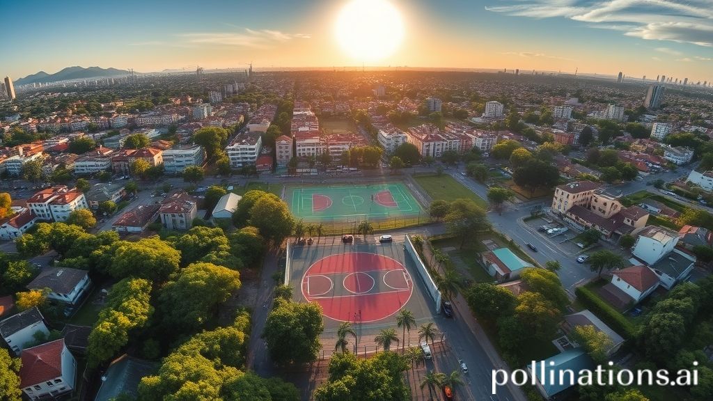 Vista aérea do Jardim Imbé, M'Boi Mirim, com casas, ruas arborizadas e a quadra poliesportiva movimentada no pôr do sol.